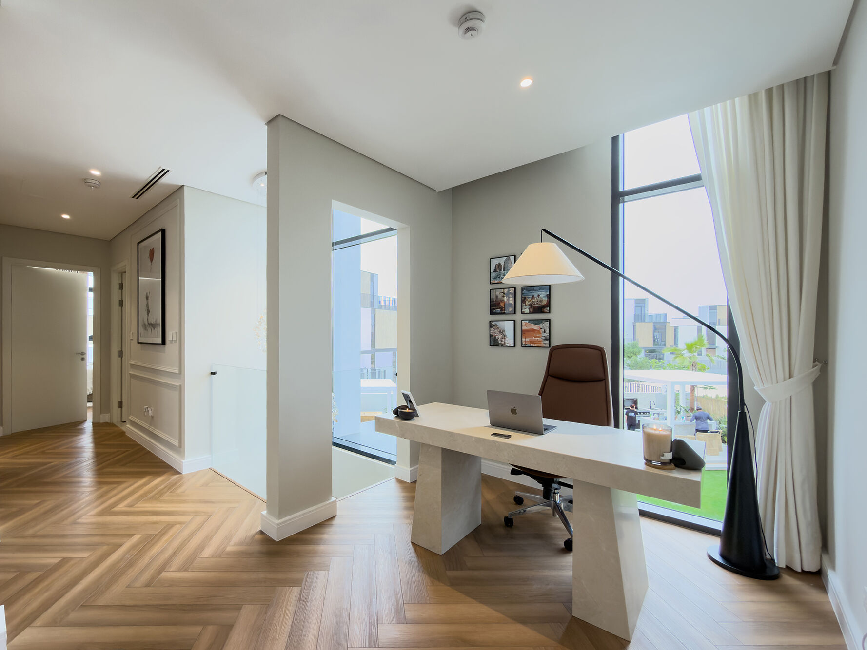 Home office with travertine desk