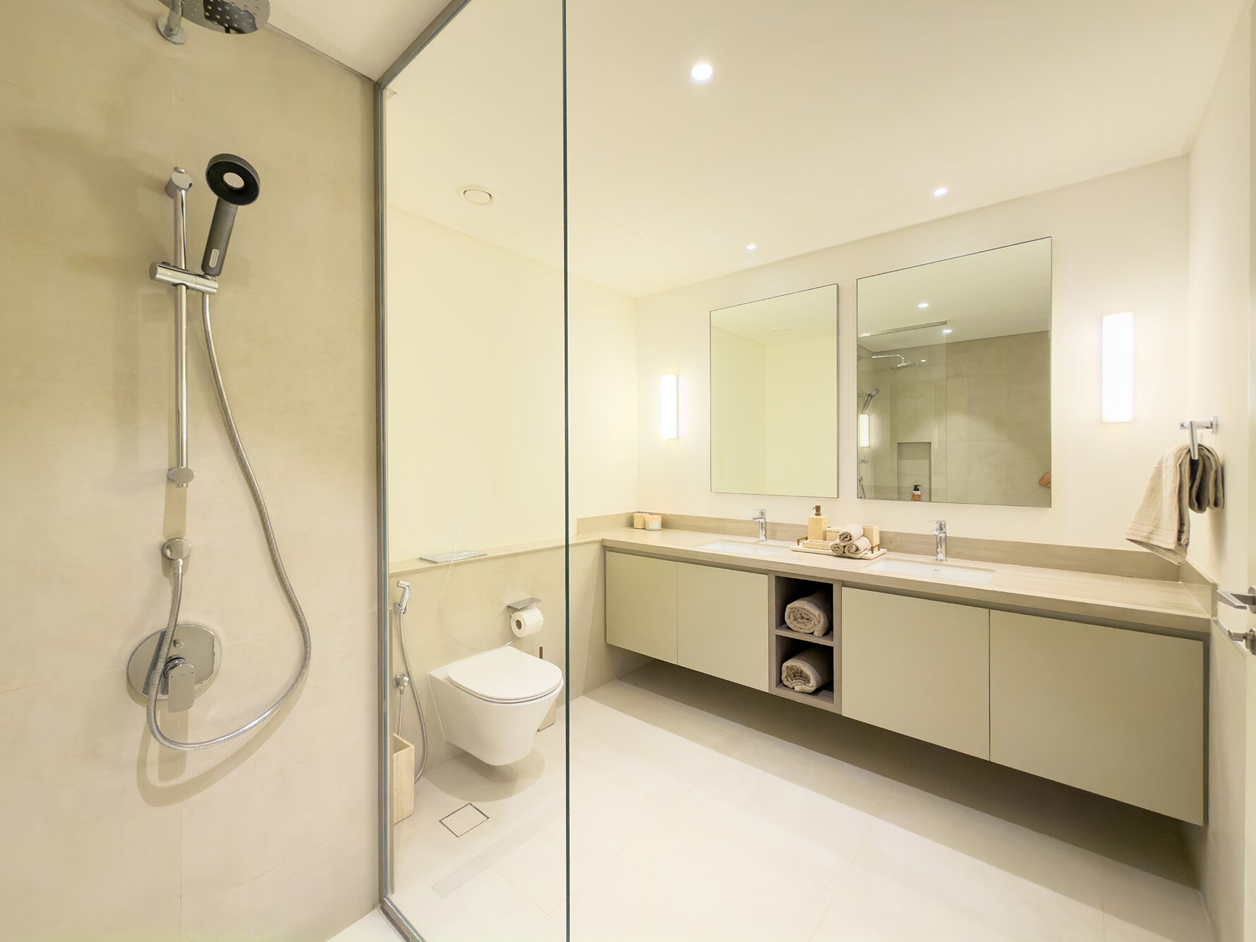 Travertine vanity bathroom with double sinks