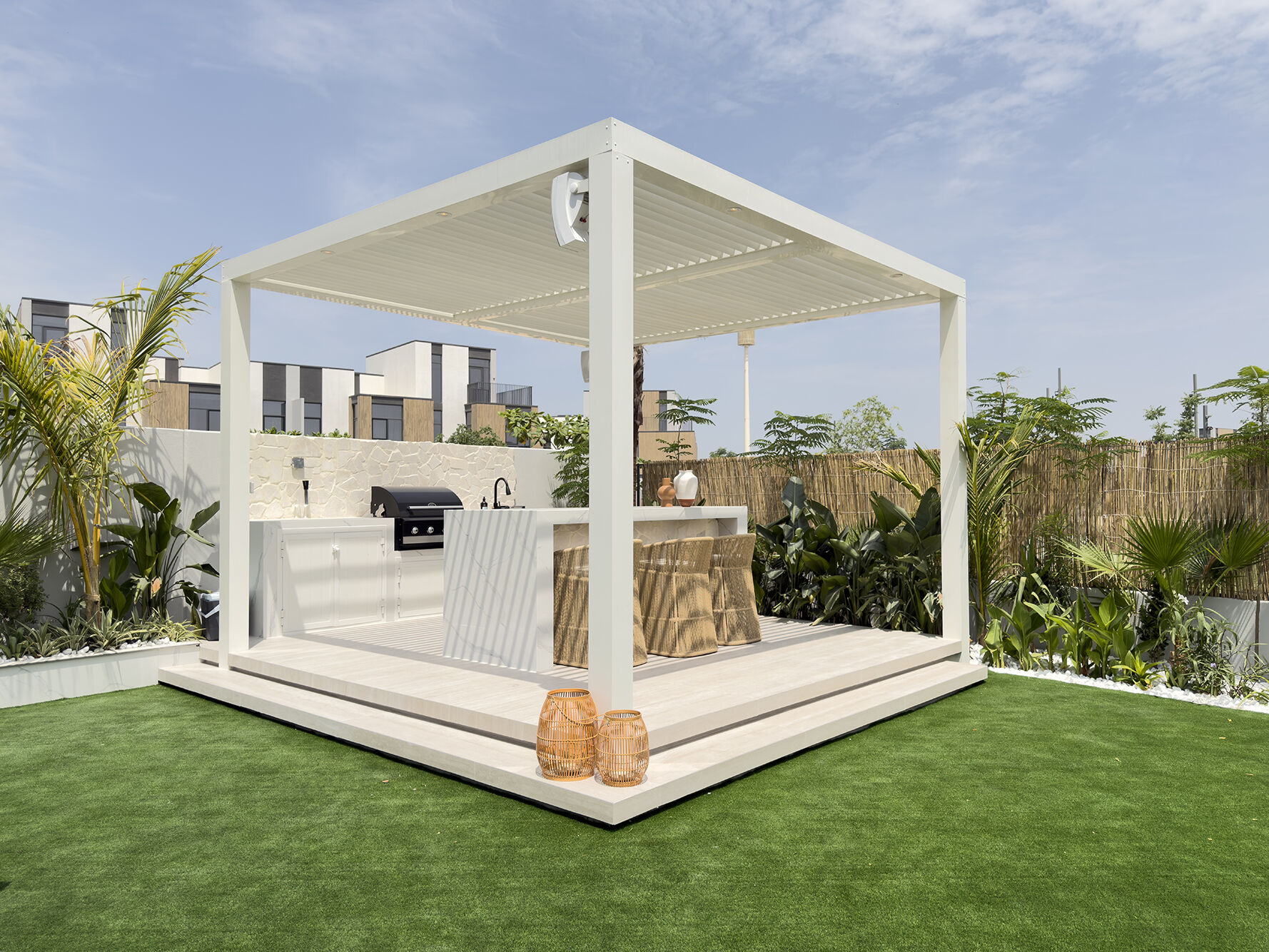 BBQ pergola with marble island and bar stools