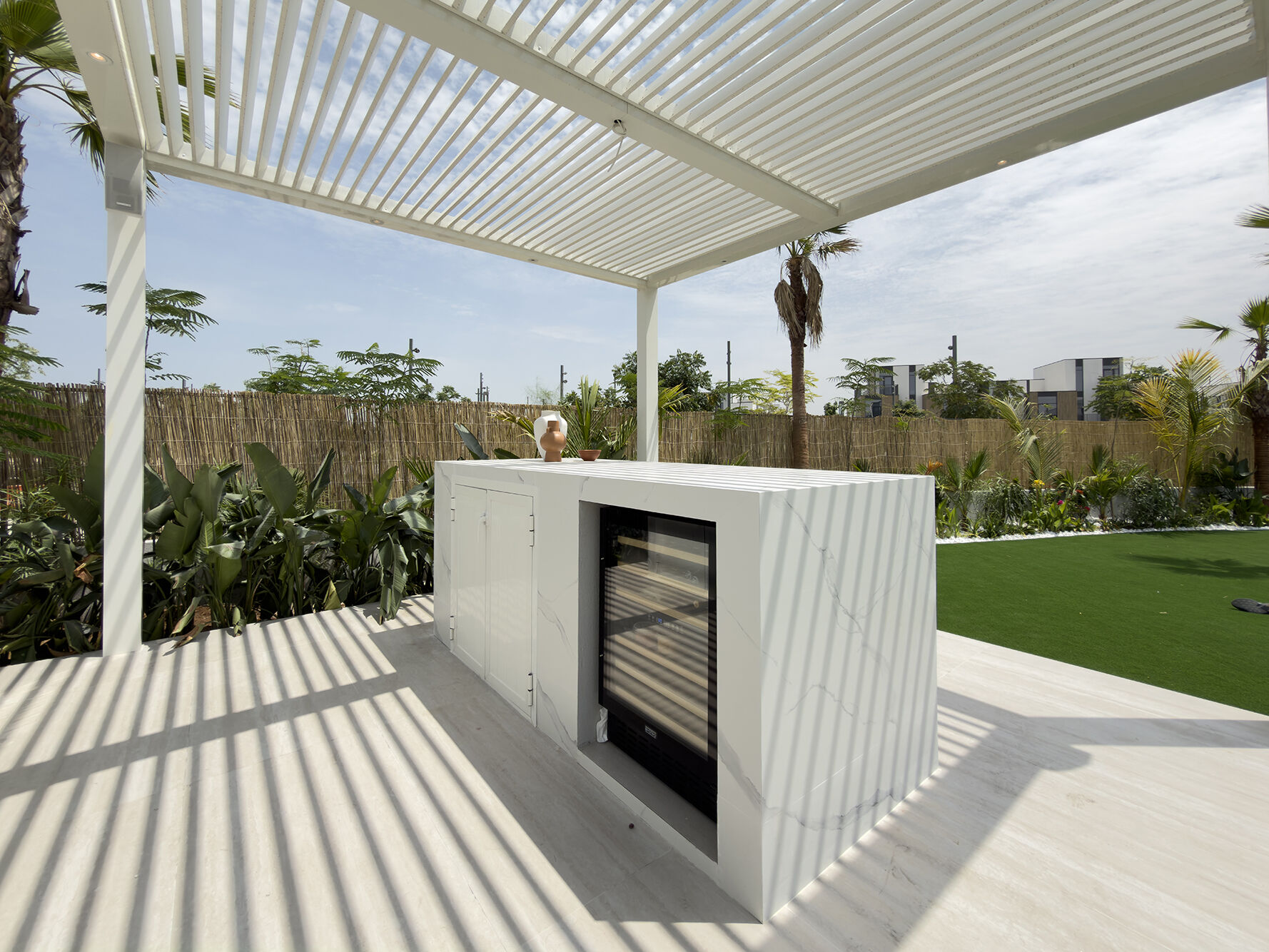 Outdoor kitchen detail, wine fridge