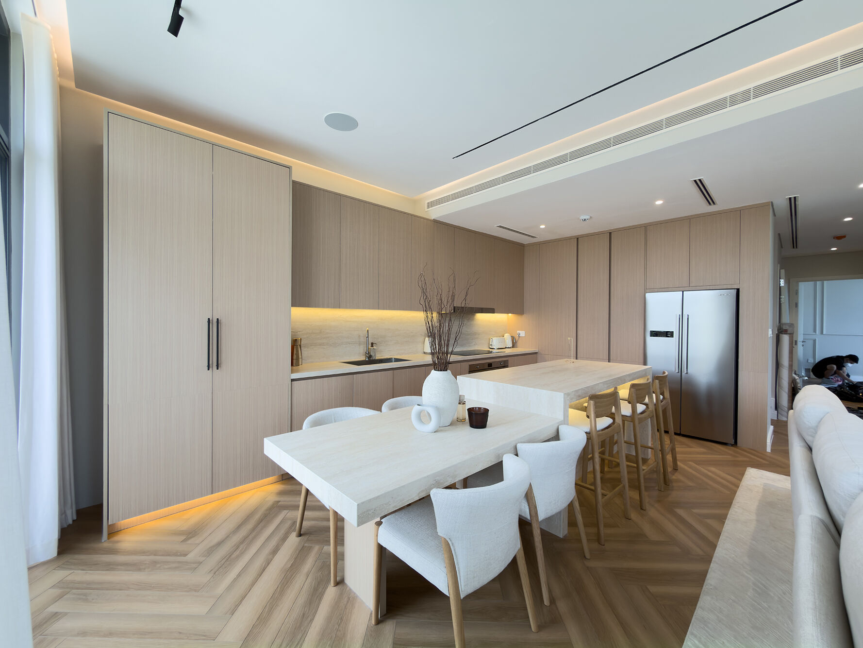 Dining table with cream chairs